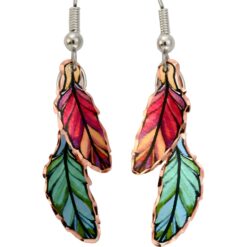 Green and Red Colored Double Copper Feather Earrings
