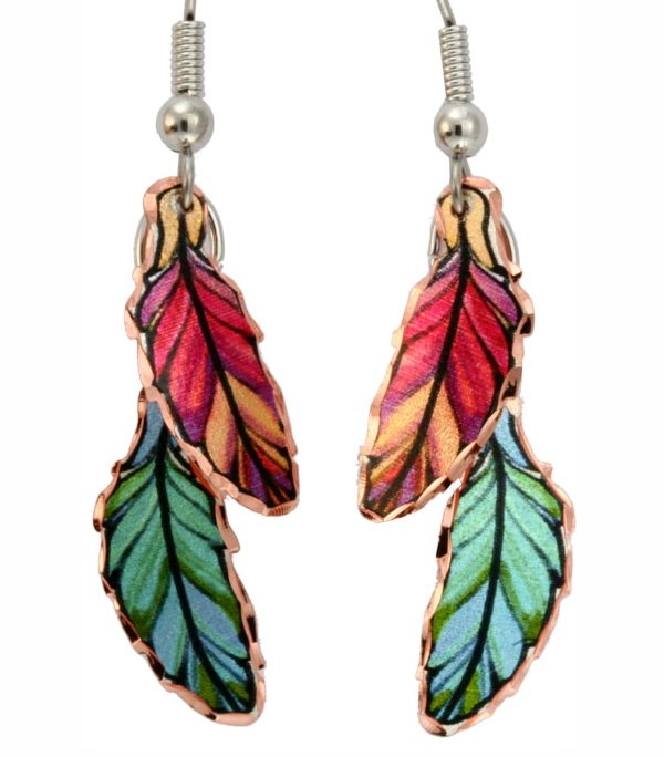 Buy Double Copper Feather Earrings Created in Bright Red and Green Colors