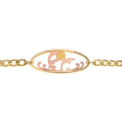 Cutout Dolphin Chain Bracelet, etched copper dolphin design with gold-plated border and chain.