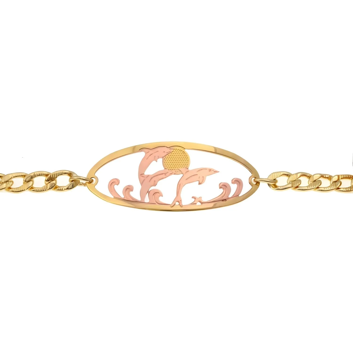Cutout Dolphin Chain Bracelet, etched copper dolphin design with gold-plated border and chain.