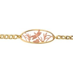Cutout Dragonfly Chain Bracelet, etched copper dragonfly design with gold-plated border and chain.