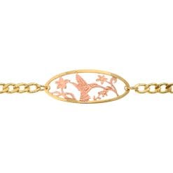 Cutout Haida Hummingbird Chain Bracelet, etched copper hummingbird design with gold-plated border and chain.