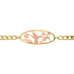 Cutout Haida Hummingbird Chain Bracelet, etched copper hummingbird design with gold-plated border and chain.