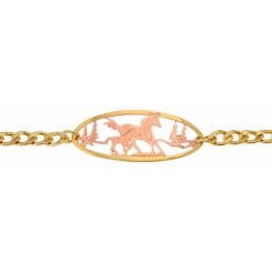 Cutout Horse Chain Bracelet, etched copper mare and foal horse design with gold-plated border and chain.