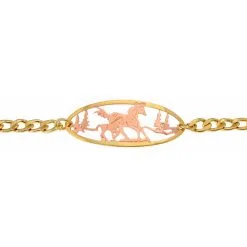 Cutout Horse Chain Bracelet, etched copper mare and foal horse design with gold-plated border and chain.