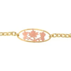 Cutout Maple Leaf Chain Bracelet, etched copper maple leaf design with gold-plated border and chain.