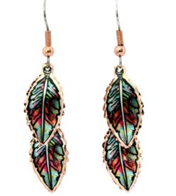 Dangle colorful copper feather earrings handmade in vibrant colors to brighten up your days