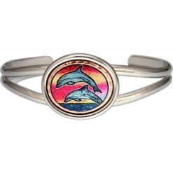 Magnificent copper sunset and dolphins artwork decorated silver color stylish wire bracelets