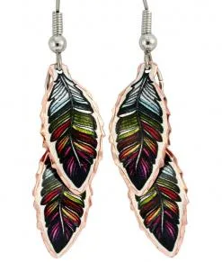 Double Colorful Copper Feathers Earrings