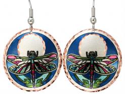 Round Colorful Dragonfly Earrings Handmade from Copper