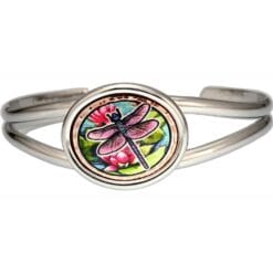Affordable wholesale art jewelry, silver-plated wire bracelets accentuate with copper water lilies and dragonfly artwork