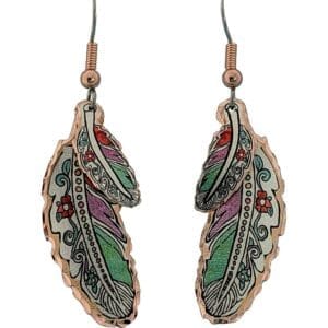 Handcrafted copper feather earrings featuring a flowers design in Indian red and patina green colors, demonstrating how to create handcrafted jewelry using patinas.