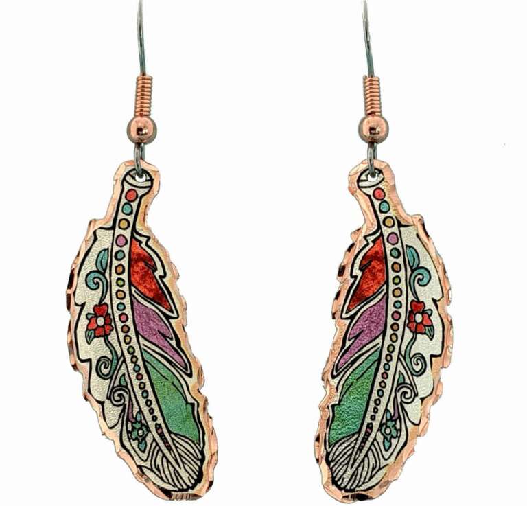 American Indian Chief Copper Feather Earrings, Colorful Feather Earrings