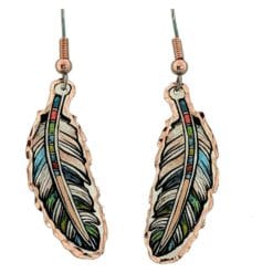 Buy delicately handmade copper feather earrings with surgical steel hypoallergenic ear wires.