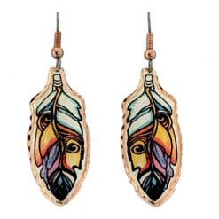 Stylish copper feather earrings designed by Lynn Bean in fascinating watercolor artwork
