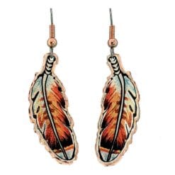 Red-tailed hawk copper feather earrings designed by Lynn Bean
