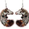 Colorful feather and spotted horse earrings