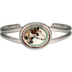 Silver plated wire bracelets with oval bezel embellished with copper western feather and horse artwork