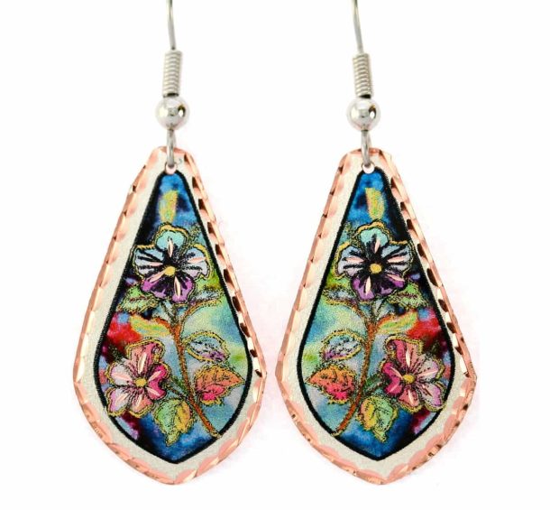 Flower earrings handmade from copper in translucent colors