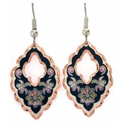 Handmade kaleidoscope colored flower earrings with navy blue background