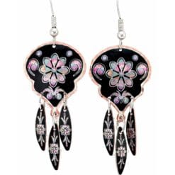 Brightly colored flower dangle earrings with black background