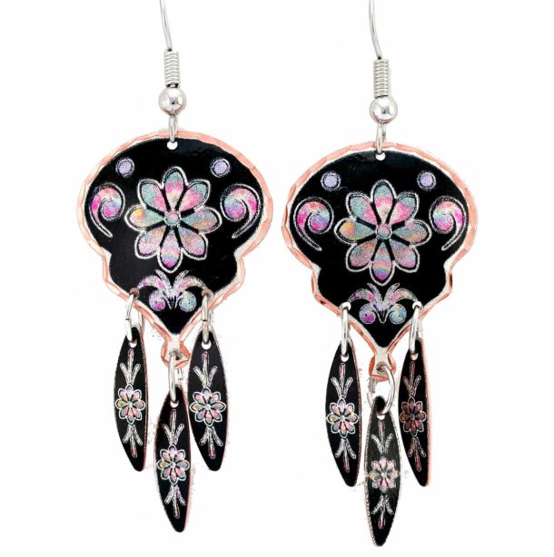 Buy vibrantly colored flower dangle earrings with black background