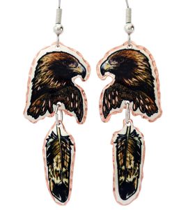Golden eagle with dangle feather earrings highly skilled artisan-crafted