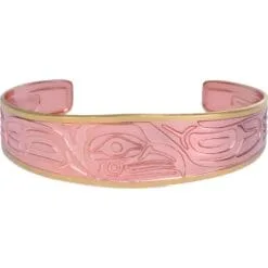 Artisanal Handmade Copper Embossed Native Haida Eagle Totem Bracelets with Gold Plated Border
