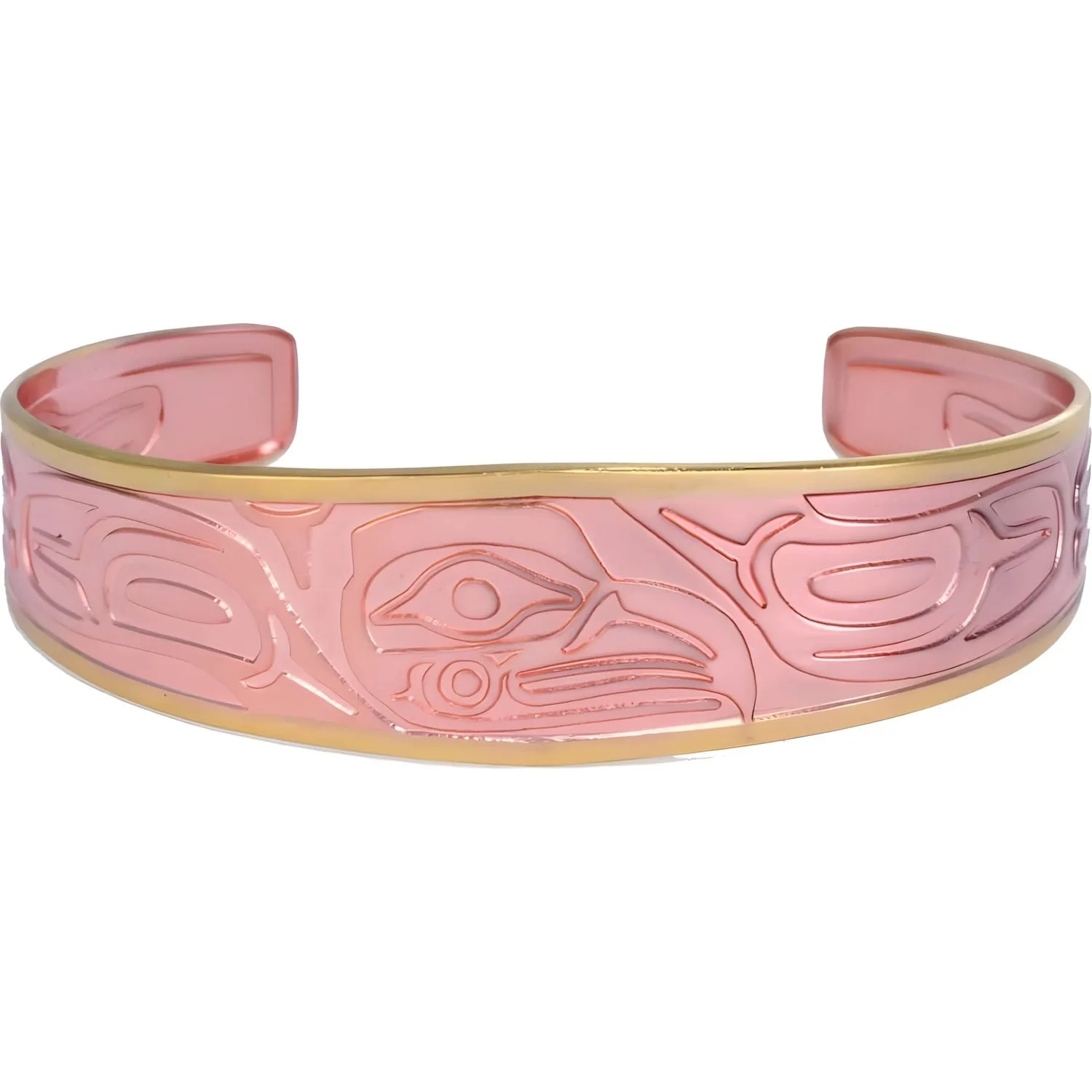 handcrafted artisan jewelry handmade bracelets BTS04 Artisanal Handmade Copper Embossed Native Haida Eagle Totem Bracelets with Gold Plated Border
