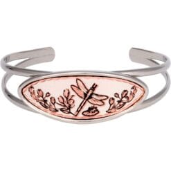 Dragonfly copper artwork inset into wire bracelet with long bezel