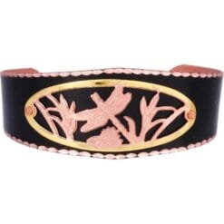 Wholesale unique handcrafted bracelets made from copper in black patina embellished with delicate cut out dragonfly in copper and gold colors