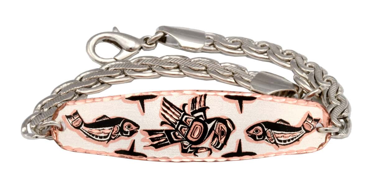 Native Haida eagle and salmon chain bracelets handcrafted from copper with beautiful silver plated chain Native Haida eagle and salmon chain bracelets handcrafted from copper with beautiful silver plated chain