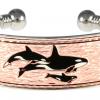 Buy rectangular bezel silver color wire bracelets embellished with handmade killer whales copper artwork
