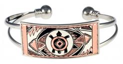 Silver color wire bracelets with rectangular bezel embellished with turtle copper artwork