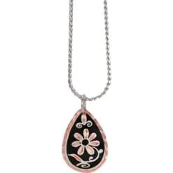 Artisan black and pure copper daisy flower teardrop pendant necklace with silver accents