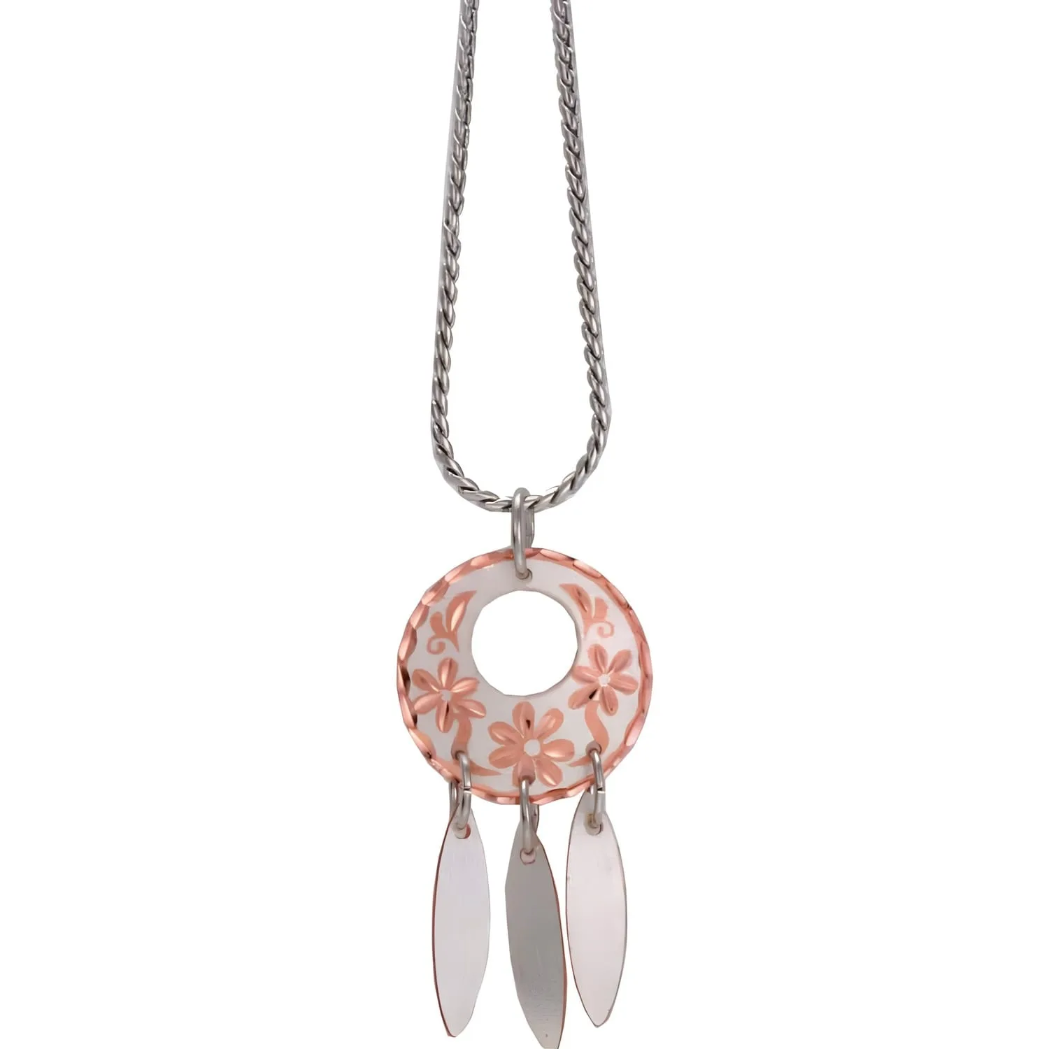 Artisanal daisy flower pure copper hoop pendant necklace with silver feather drops