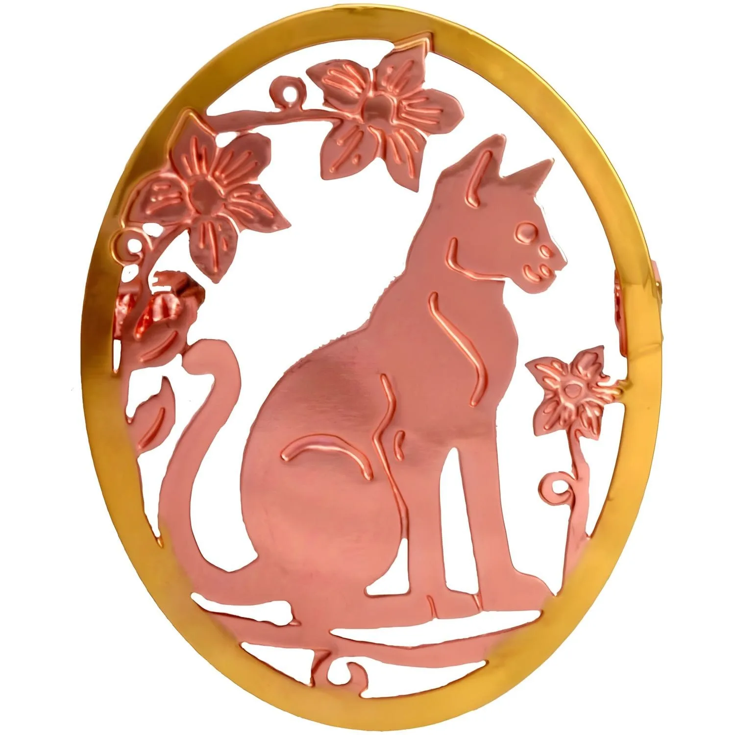 Unique two-tone sitting cat and flowers oval pure copper brooch pin