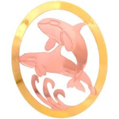 Handmade round copper cut out killer whale brooch pin with two leaping orcas.