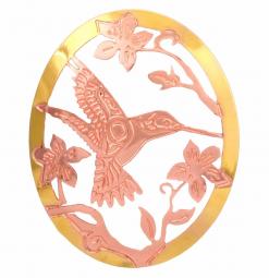 Native Hummingbird Brooch Cut Out in Fine Details with Copper and Gold Colors