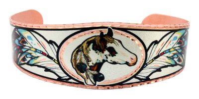 Buy western style horse bracelets with feathers handmade from original artwork of Lynn Bean