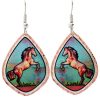 Elegant brown rearing horse earrings with patina blue colored background