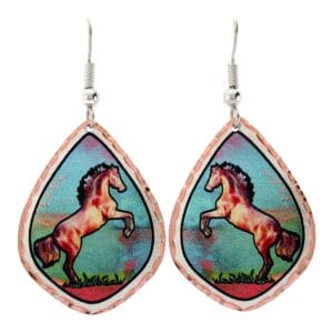 Handcrafted copper earrings featuring a delightful rearing horse design on a blue patina background, demonstrating how to create handcrafted jewelry using patinas.