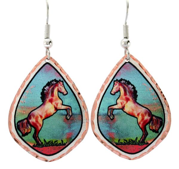 Elegant brown rearing horse earrings with patina blue colored background
