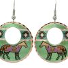 Native style patina green background horse earrings