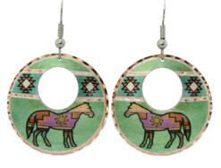 Native style patina green background horse earrings