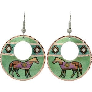 Handcrafted copper earrings featuring a Southwestern horse design on a vibrant green patina background, showing how to create handcrafted jewelry using patinas.