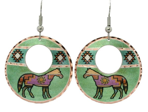 Native style patina green background horse earrings