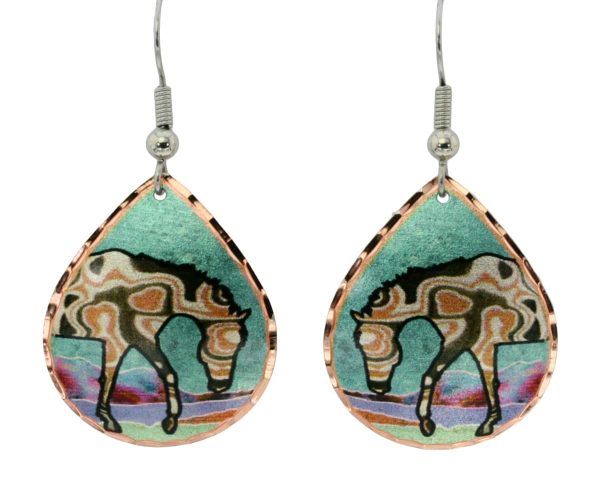 Teardrop horse earrings created in Mokume-gane style with patina greenish blue background color