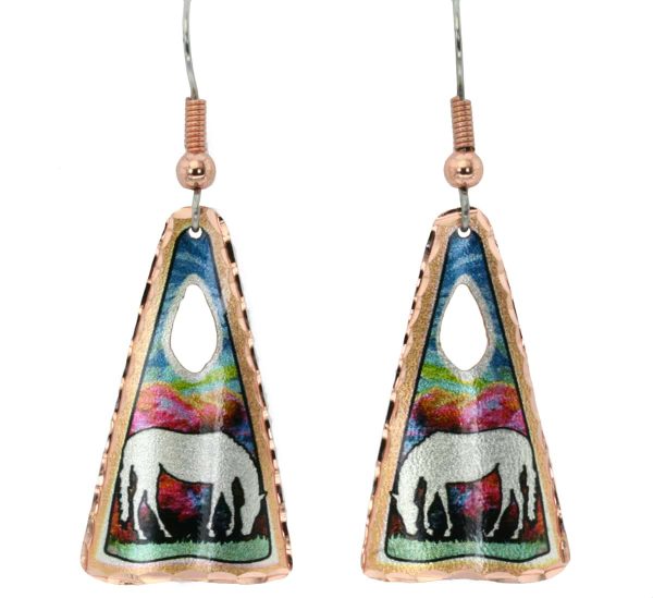 Triangle horse earrings with flame painted colored background