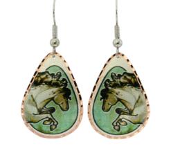 Teardrop white horse earrings with patina green background